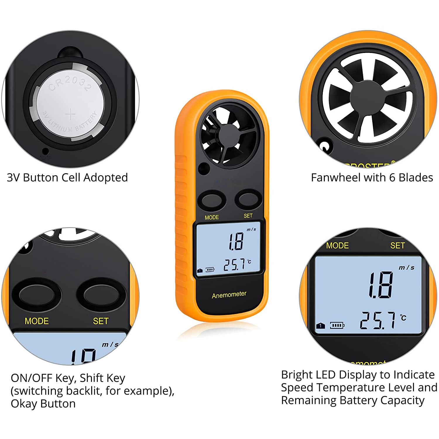 Kamtop Digital LCD Backlight Speed Meter Anemometer - Orange